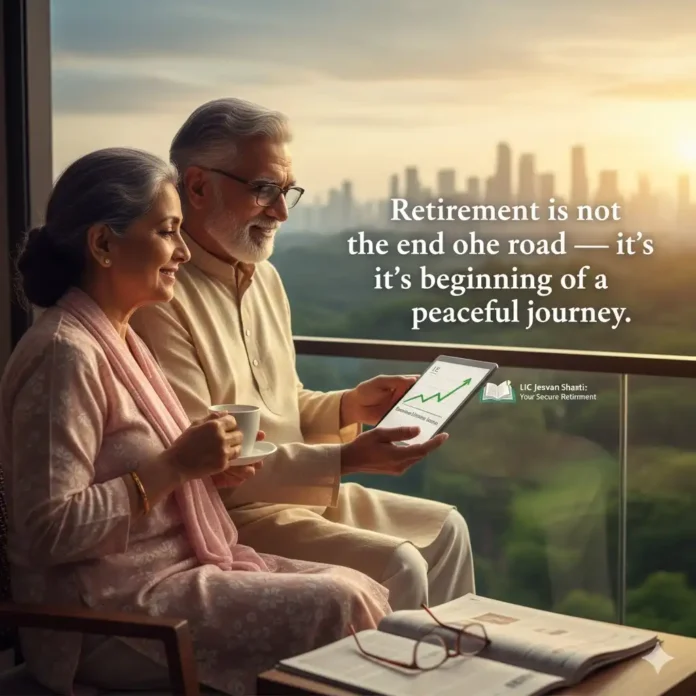 A happy elderly Indian couple sits on a balcony overlooking a city skyline at sunset, looking at a tablet showing a financial graph. A quote about retirement and financial planning is overlaid.