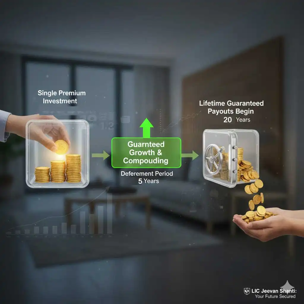 An infographic illustrating the deferred annuity process: a hand investing gold coins into a container, leading to a "Guaranteed Growth & Compounding" box during a deferment period, which then flows into a safe unlocking to reveal more gold coins being collected by hands.