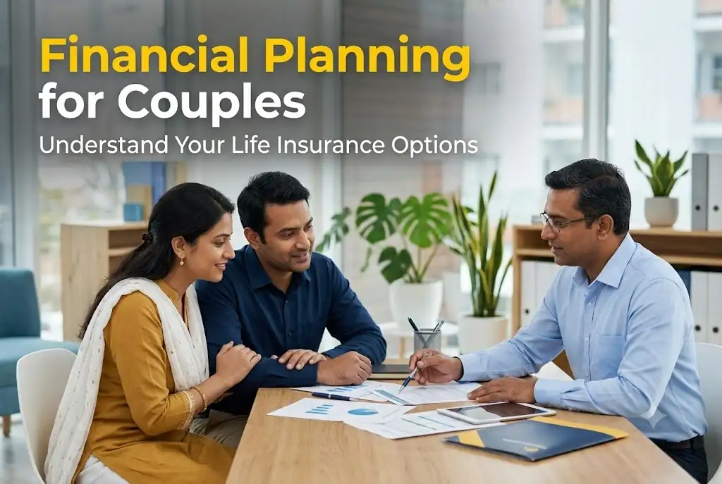 Indian couple discussing life insurance and financial planning with an insurance advisor