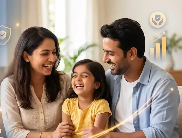 Smiling Indian family of three sitting together at home, representing financial security and planning for the future