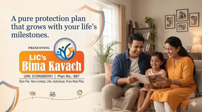 LIC Bima Kavach Term Plan 887 banner showing UIN 512N360V01, a non-par, non-linked pure risk plan