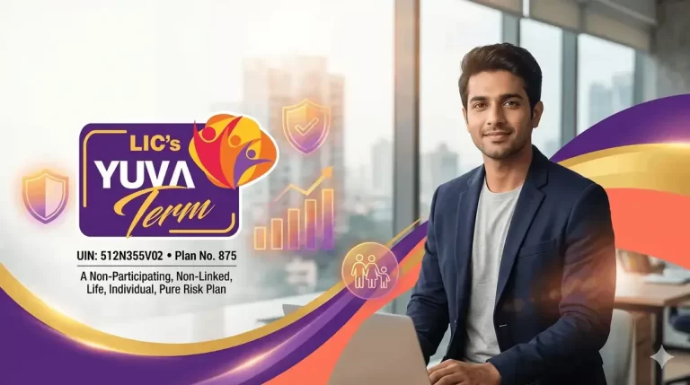 LIC Yuva Term Plan 875 banner with UIN 512N355V02, a young professional at a laptop and family protection icons