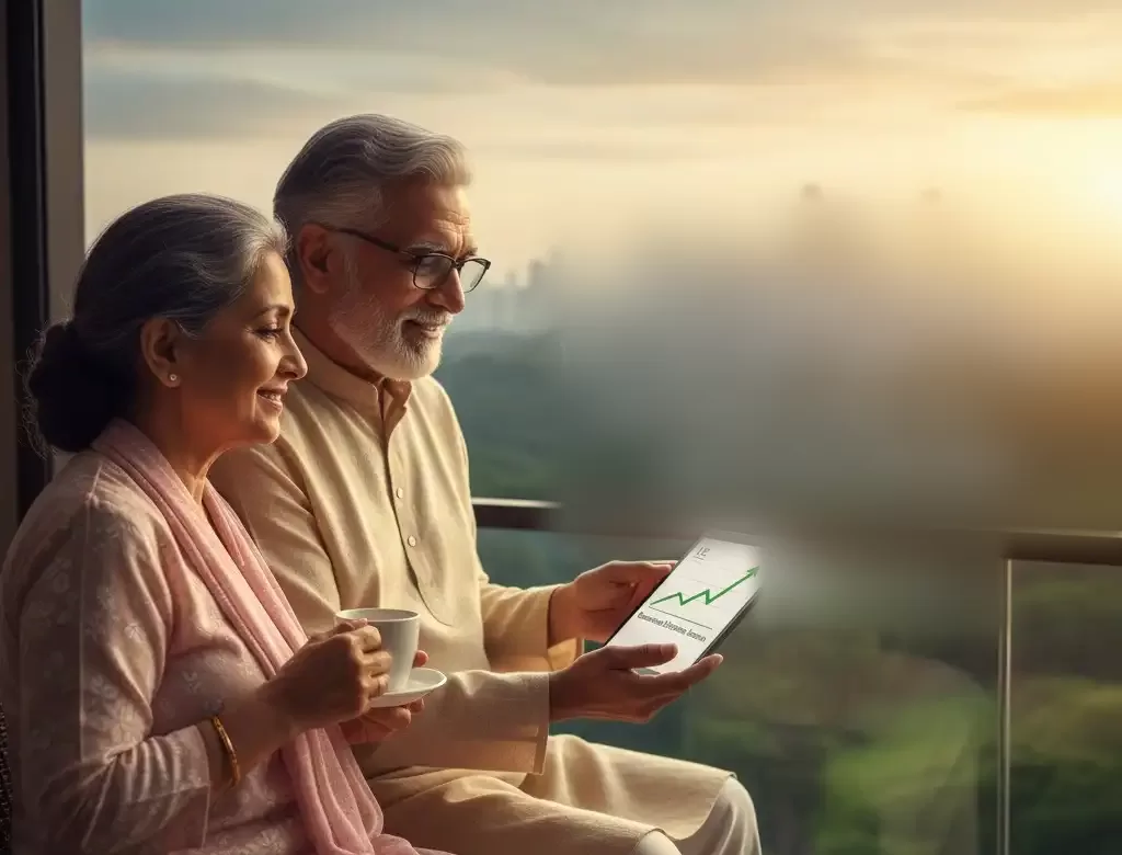 Senior Indian couple at home reviewing retirement income plans on a tablet