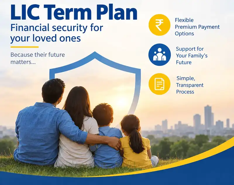 Family sitting together outdoors under a protective shield graphic, illustrating term life insurance and financial security